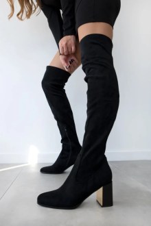 Μπότα suede Over The Knee με χοντρό τακούνι - Μαύρο