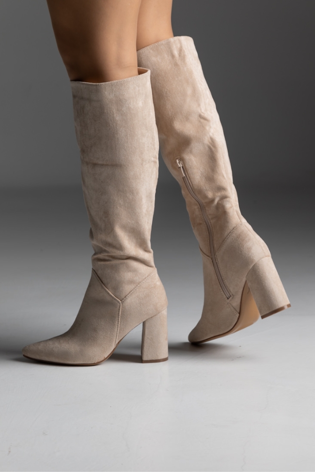 Μπότα suede με χοντρό τακούνι - Μπέζ - Image 4