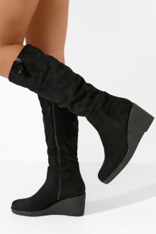 Μπότα suede με πλατφόρμα τακούνι και διακοσμητικό φερμούαρ - Μαύρο