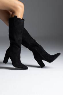 Μπότα suede με χοντρό τακούνι μυτερή - Μαύρο