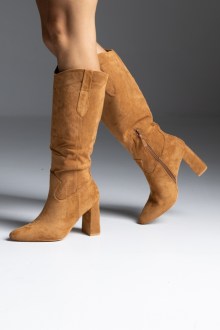 Μπότα suede με χοντρό τακούνι - Κάμελ