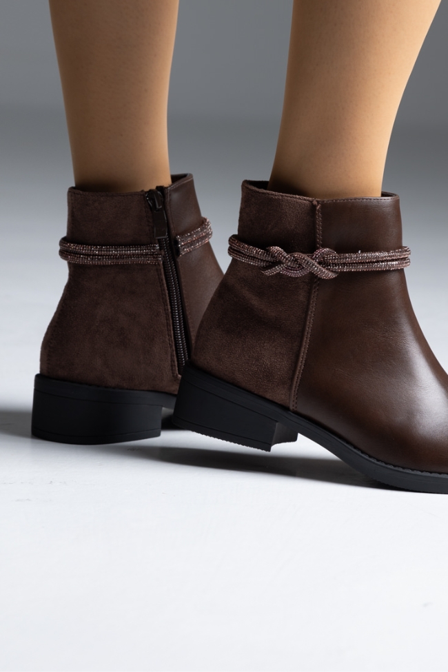 Μποτάκι δερματίνη με λουράκι strass - Καφέ - Image 4