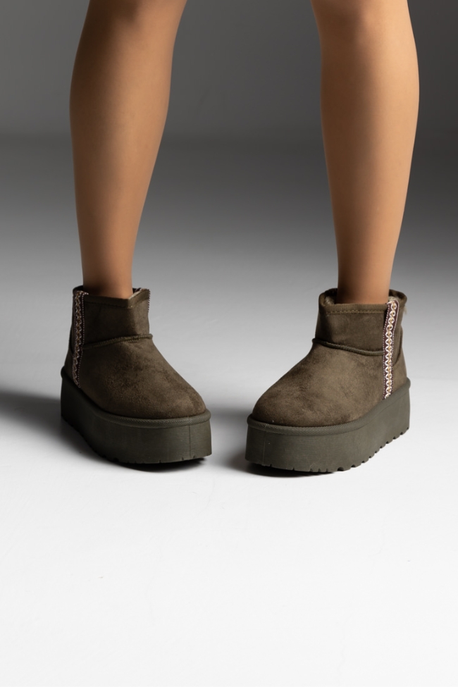 Μποτάκια Δίσολα με Εσωτερική Επένδυση Γούνας & Κέντημα – Πράσινο - Image 2