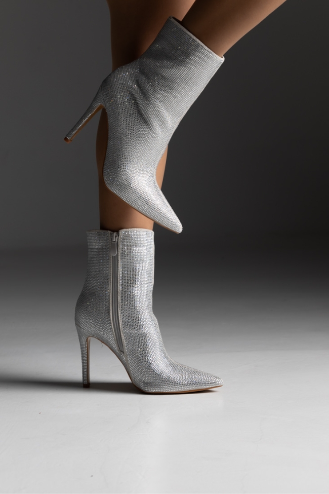Μποτάκι με strass λεπτό τακούνι μυτερό - Ασημί - Image 2