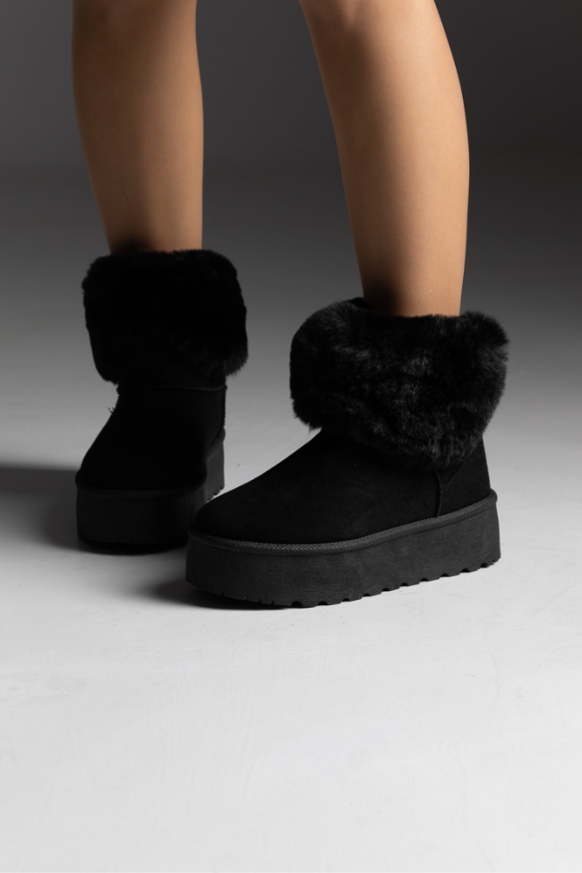 Μποτάκια Δίσολα με Εσωτερική Επένδυση Γούνας & Φιόγκο - Μαύρο - Image 4