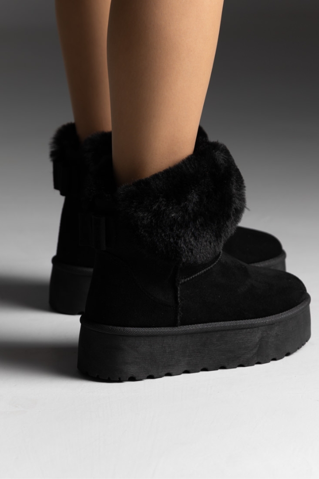 Μποτάκια Δίσολα με Εσωτερική Επένδυση Γούνας & Φιόγκο - Μαύρο - Image 5