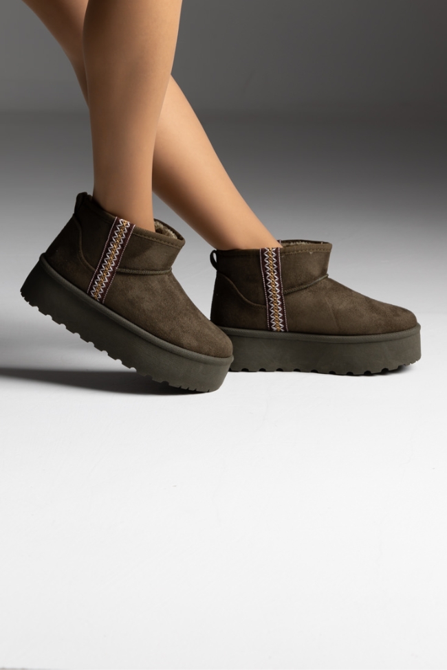 Μποτάκια Δίσολα με Εσωτερική Επένδυση Γούνας & Κέντημα – Πράσινο - Image 3