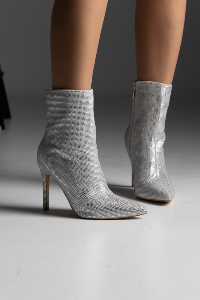 Μποτάκι με strass λεπτό τακούνι μυτερό - Ασημί - Image 3