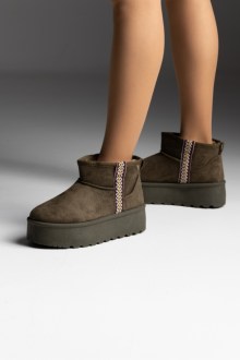 Μποτάκια Δίσολα με Εσωτερική Επένδυση Γούνας & Κέντημα – Πράσινο