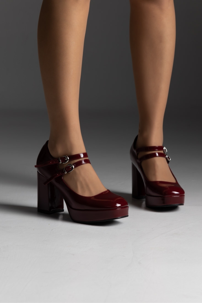 Γόβα λουστρίνι με διπλή μπαρέτα στο κουτεπιέ και χοντρό τακούνι - Μπορντό - Image 2