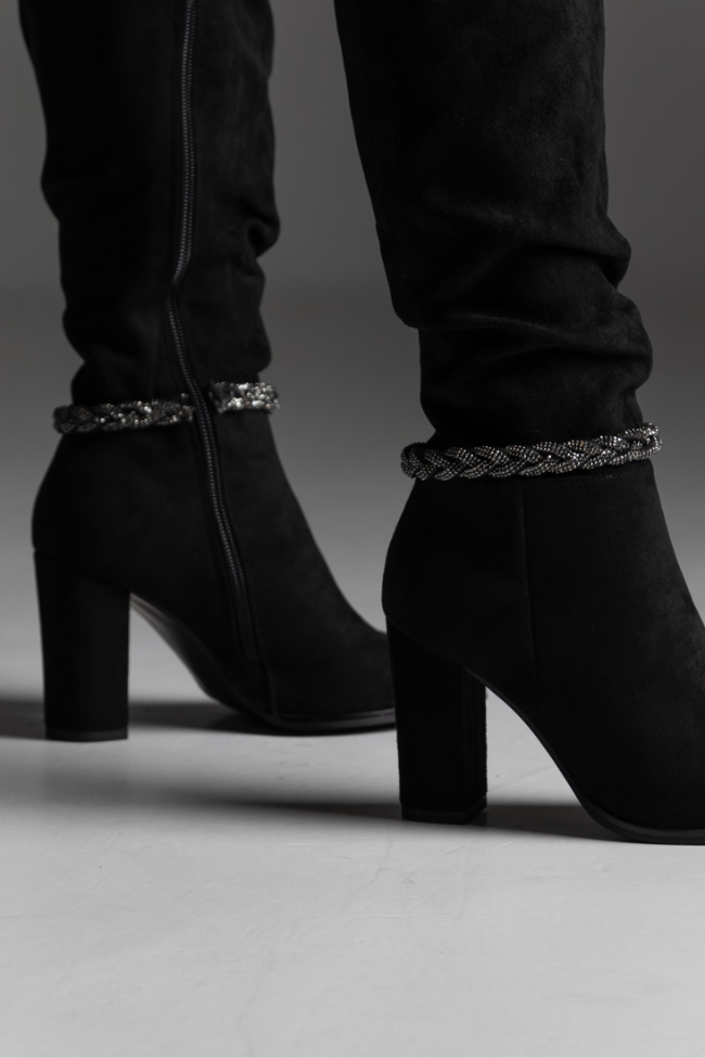 Μπότα suede με χοντρό τακούνι και διακοσμητικό λουράκι strass - Μαύρο - Image 2
