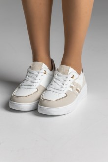 Sneakers δερματίνη με suede σχέδιο και ύφασμα - Λευκό / Μπέζ