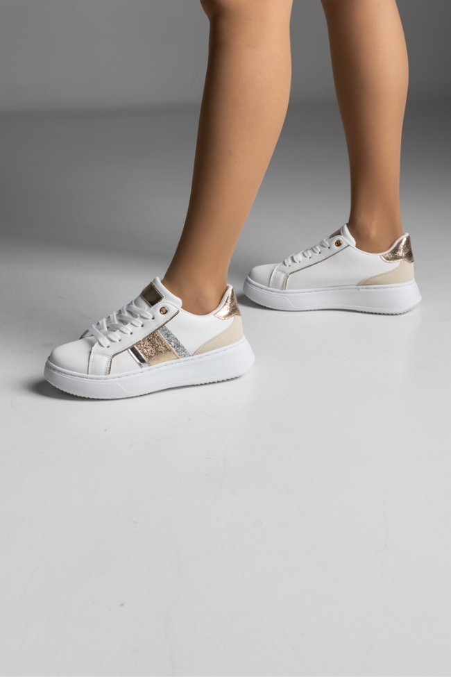 Sneakers δερματίνη - Λευκό / Μπέζ - Image 4