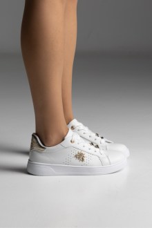 Sneaker δερματίνη με μεταλλικό στοιχείο στο πλάι και στο πίσω μέρος - Λευκό / Χρυσό