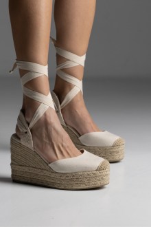 Πλατφόρμα espadrilles με κορδόνι για δέσιμο στο πόδι - Μπέζ