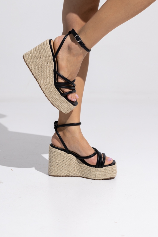 Πλατφόρμα με ψάθινο πάτο και λουριά - Μαύρο - Image 5