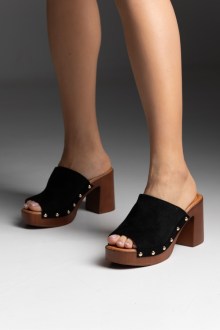 Clogs suede με χοντρό τακούνι - Μαύρο