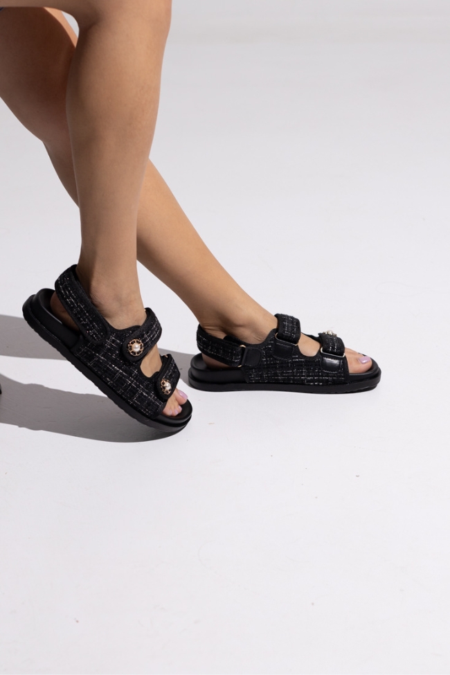 Σανδάλια Flatform υφασμάτινο με διακοσμητικές πέρλες - Μαύρο - Image 2