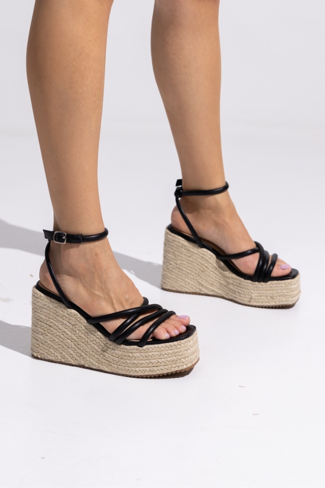 Πλατφόρμα με ψάθινο πάτο και λουριά - Μαύρο - Image 2