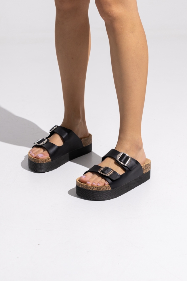 Σανδάλια Flatform δερματίνη με διπλή αγκράφα - Μαύρο - Image 7