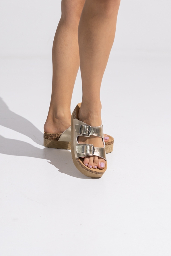 Σανδάλια Flatform δερματίνη με διπλή αγκράφα - Χρυσό - Image 5