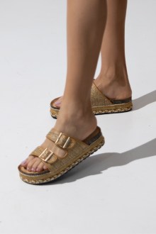 Σανδάλια Flatform με διπλή αγκράφα ψάθινο - Κάμελ