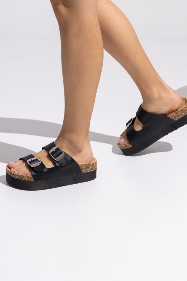 Σανδάλια Flatform δερματίνη με διπλή αγκράφα - Μαύρο - Image 2