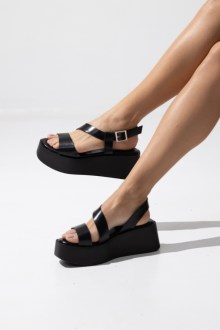 Πλατφόρμα δερματίνη με λουράκια και δέσιμο - Μαύρο