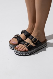 Σανδάλια Flatform με διπλή αγκράφα ψάθινο - Μαύρο