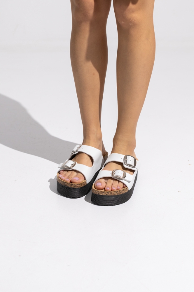 Σανδάλια Flatform δερματίνη με διπλή αγκράφα - Λευκό - Image 2