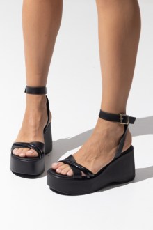 Δερμάτινες (LEATHER) Ελληνικές Πλατφόρμες με χιαστί λουράκια - Μαύρο