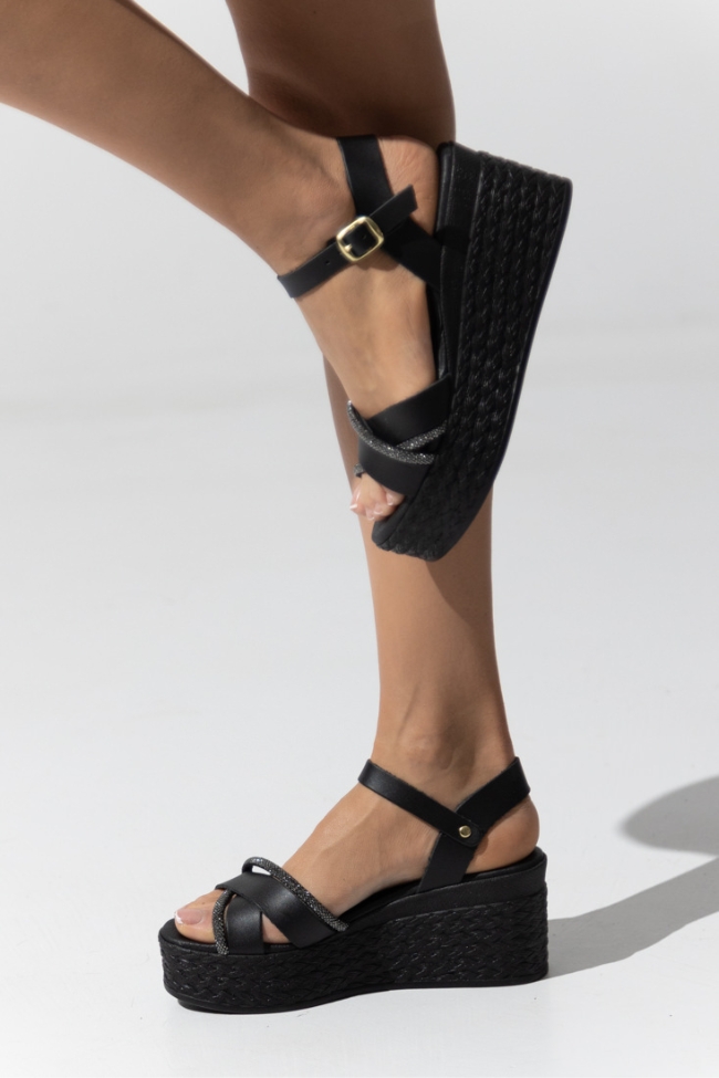 Δερμάτινες (LEATHER) Ελληνικές Πλατφόρμες με χιαστί λουράκια strass - Μαύρο - Image 4