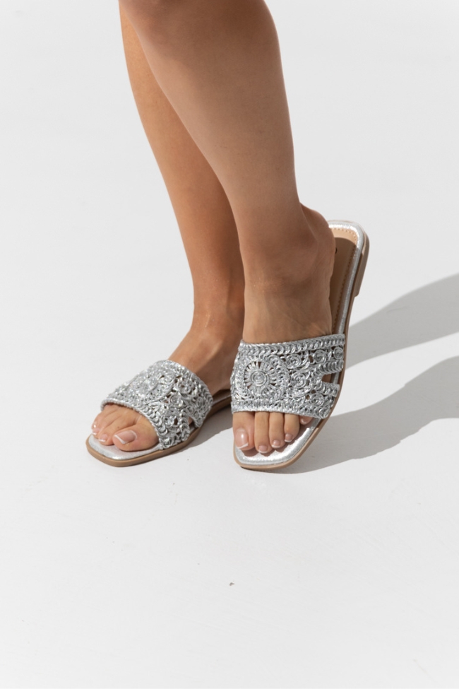Flat Σανδάλια με Πλεκτό Σχέδιο - Ασημί - Image 3