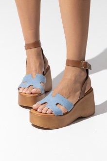 Δερμάτινες (LEATHER) Ελληνικές Πλατφόρμες με λουράκι ‘H’ στα δάχτυλα - Τζίν