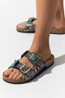 Σανδάλια με strass και πετράδια σε boho style με μαλακό ανατομικο πάτο - Μαύρο