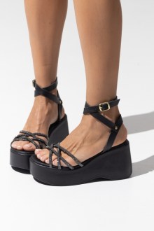 Δερμάτινες (LEATHER) Ελληνικές Πλατφόρμες με χιαστί strass στα δάχτυλα - Μαύρο