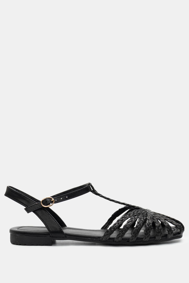 Flat σανδάλια με Ψάθα & Πολλαπλά Λουράκια - Μαύρο - Image 2