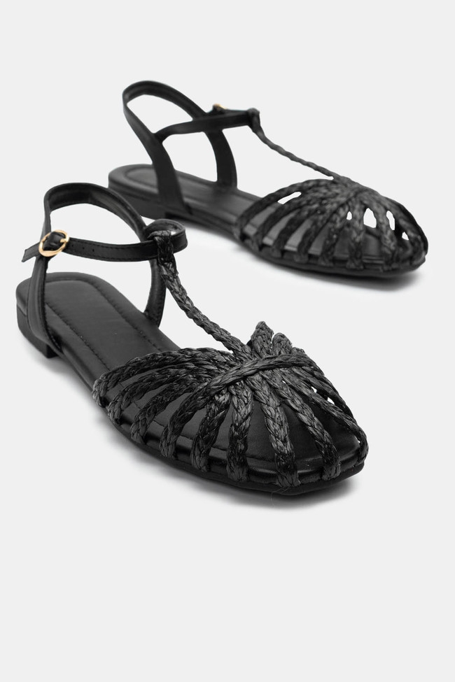 Flat σανδάλια με Ψάθα & Πολλαπλά Λουράκια - Μαύρο - Image 3