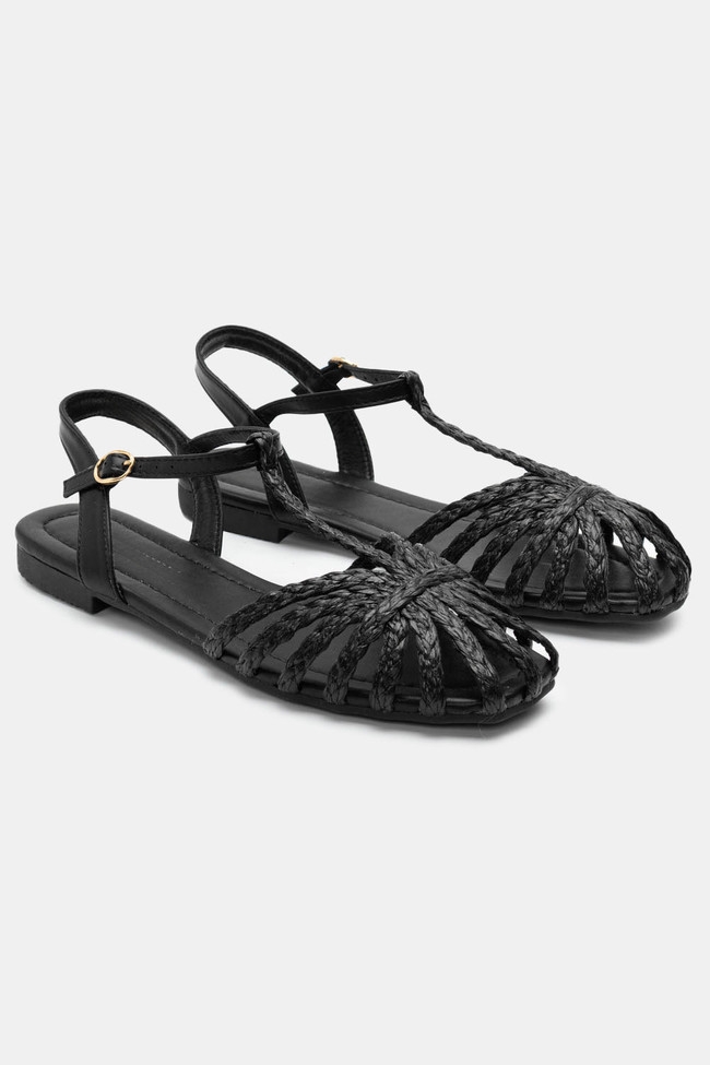 Flat σανδάλια με Ψάθα & Πολλαπλά Λουράκια - Μαύρο