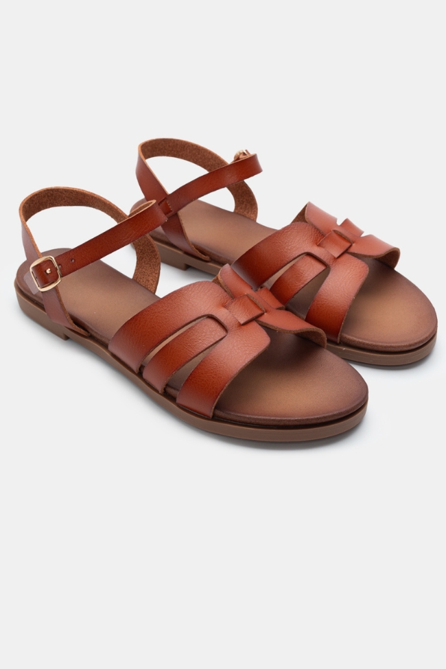 Flat Σανδάλια με Περίτεχνα Λουριά & Μπαρέτα - Κάμελ