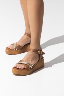 Δερμάτινες (LEATHER) Ελληνικές Πλατφόρμες με χιαστί λουράκια μπρασελέ στα δάχτυλα - Κάμελ