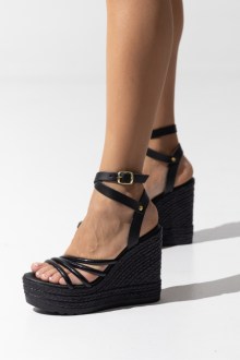 Δερμάτινες (LEATHER) Ελληνικές Πλατφόρμες με λουράκια μπρασελέ - Μαύρο