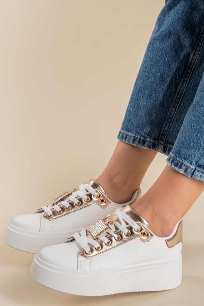 Δίσολα sneakers με διακοσμητικό με στρας - Λευκό/Σιαμπανί - Image 4