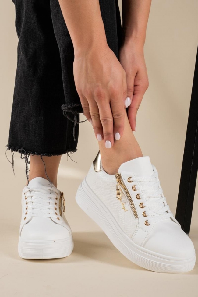Δίσολα sneakers με διακοσμητικό φερμουάρ στο πλάι - Λευκό / Χρυσό - Image 2