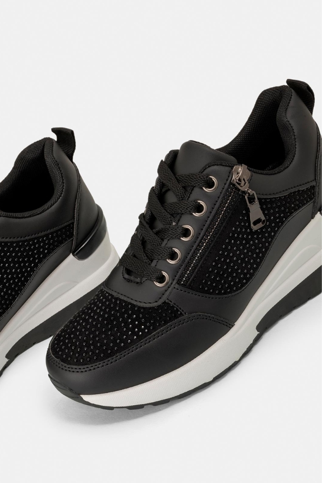 Sneaker με πλατφόρμα , στρας και διακοσμητικό φερμουαρ - Μαύρο / Λευκό - Image 2