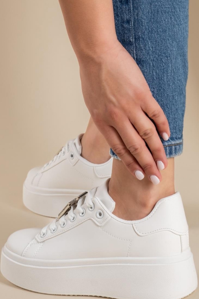 Δίσολα sneakers με διακοσμητικό με στρας - Λευκό/Ασημί - Image 3