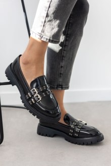 Chunky loafers με διπλό λουράκι με τρουκς στο πάνω μέρος και τρακτερωτό πάτο - Μαύρο