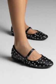 Μπαλαρίνες flat με μπαρέτα και διακοσμητικά strass - Μαύρο