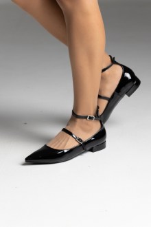 Μπαλαρίνες λουστρίνι flat με δύο λεπτά λουράκια - Μαύρο