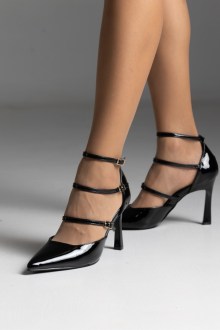 Γόβες λουστρίνι με λεπτό τακούνι και λεπτά λουράκια - Μαύρο